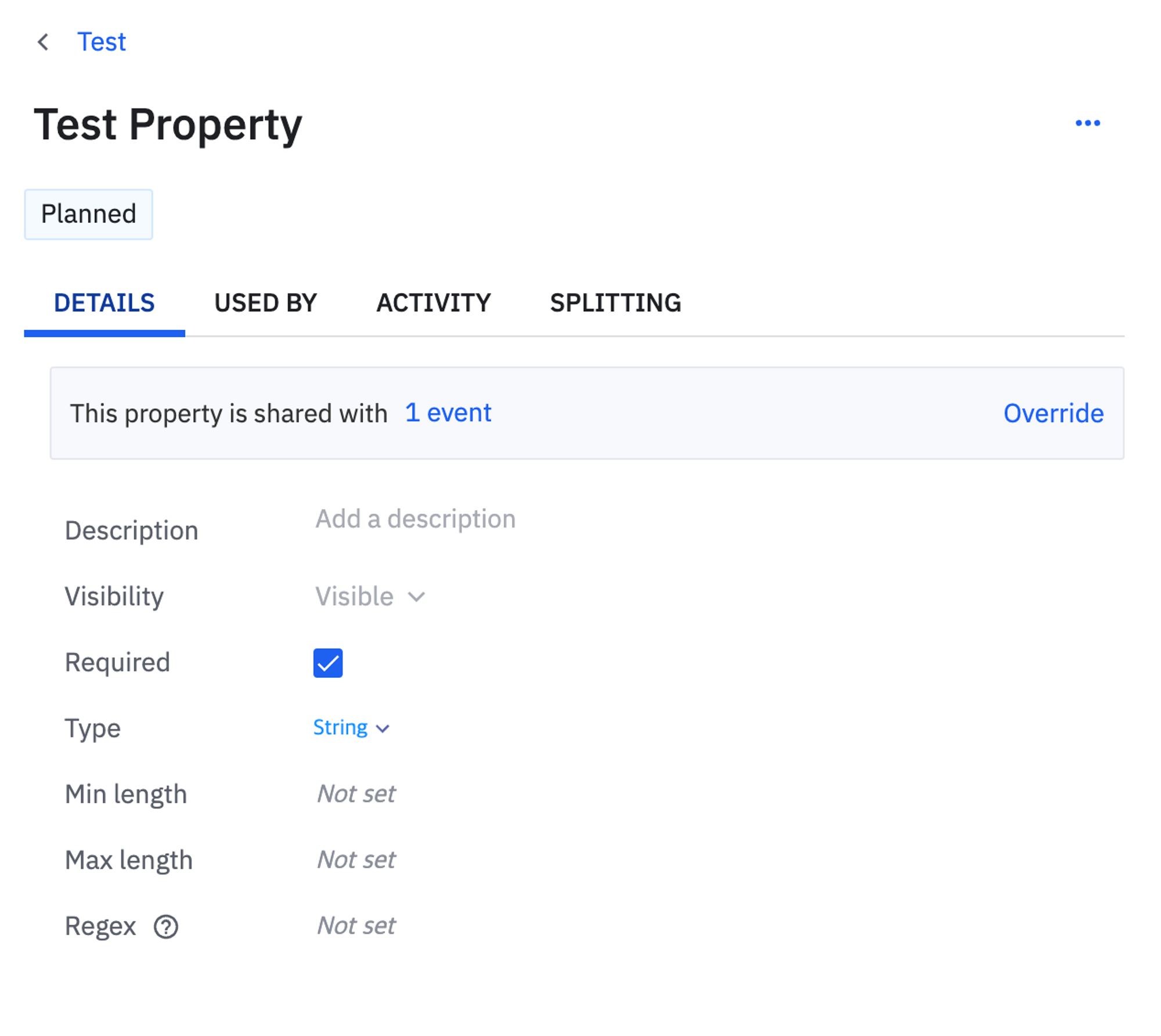 이벤트 프로퍼티 타입 설정 화면