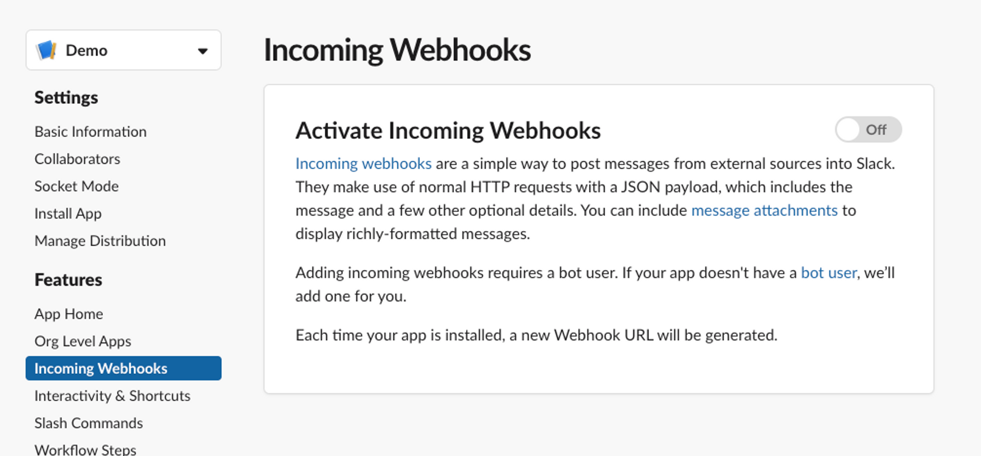 Incoming Webhooks 화면